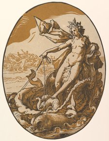 Tethys reclining in a giant shell chariot pulled by two sea creatures, 1588-90. Creator: Hendrik Goltzius.