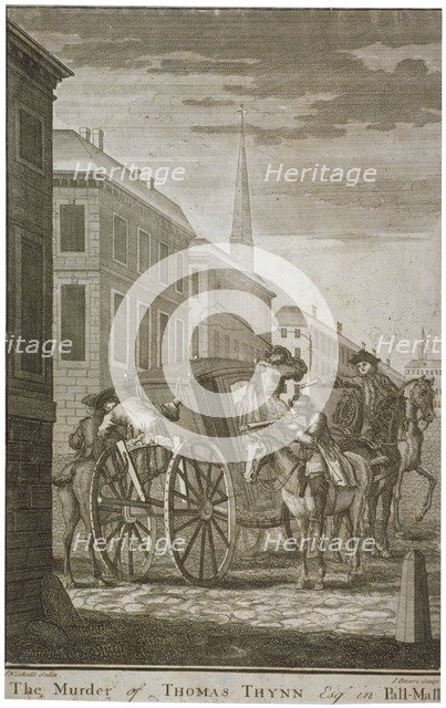 Scene of Thomas Thynne's murder in Pall Mall, Westminster, London, 1682 (c1775). Artist: James Basire I