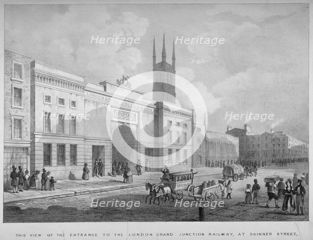 Entrance to the Grand Junction Railway terminal, Skinner Street, near Holborn Viaduct, London, 1835. Artist: Anon