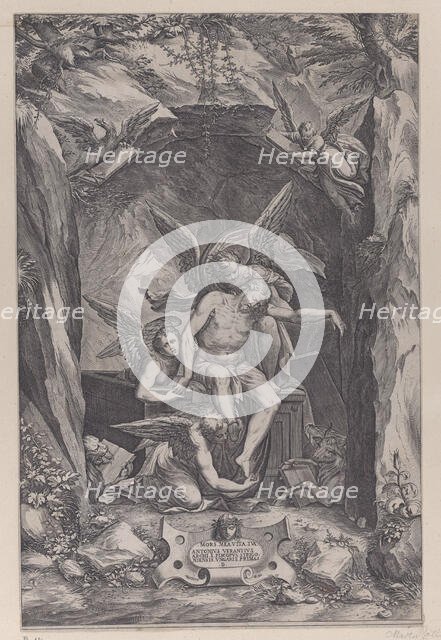 Christ rising from the tomb, assisted by two angels, 1540-83. Creator: Martino Rota.