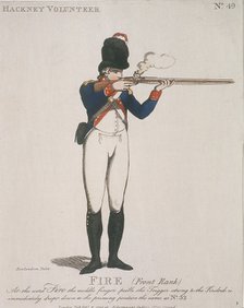 Hackney Volunteer firing a rifle, 1798. Artist: Anon
