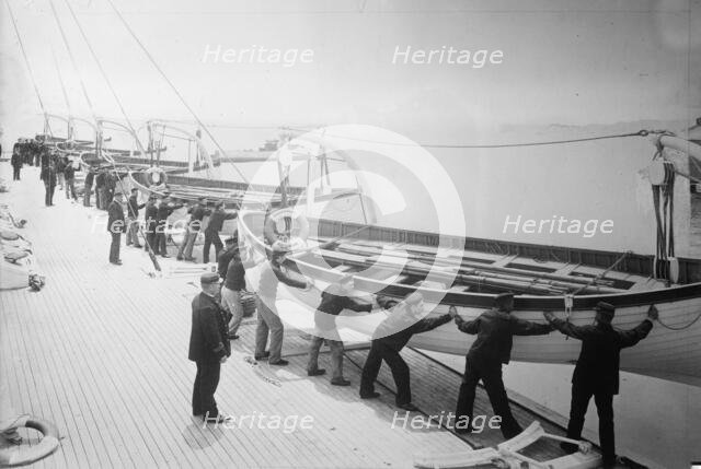 Life boat drill, Holland America Line - putting boats over the side, between c1910 and c1915. Creator: Bain News Service.
