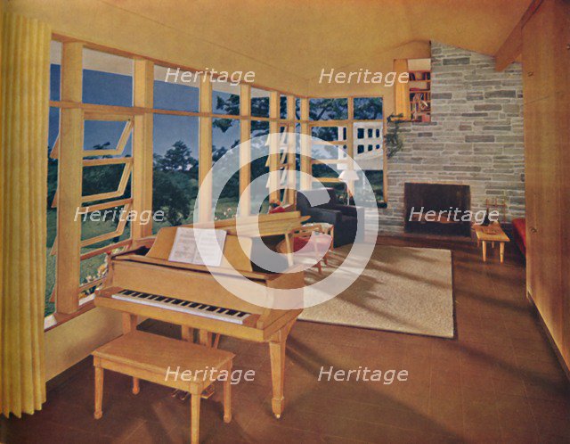 'Scale model of a large living-room (25 feet long) in a modern house, designed by Edward D. Stone',  Artist: Unknown.