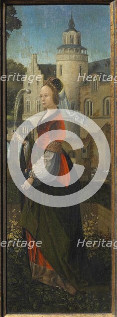 Saint Barbara. Holy Family with Angels and Saints Catherine and Barbara (Triptych), 16th cen. Creator: Master of Hoogstraeten (active ca. 1500).