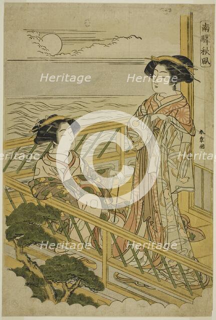 Two Courtesans on a Moonlit Balcony at a House of Pleasure in Shinagawa, from the..., c. 1774. Creator: Shunsho.