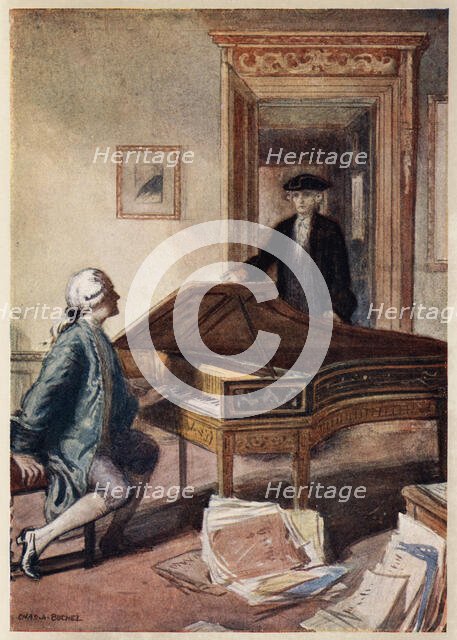 Mozart and the mysterious stranger, 1791, (c1914). Artist: Charles A Buchel