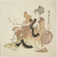 Woman leaning against wine cask, from an untitled series of Eight Immortals of the..., early 1800s. Creator: Hokuba.