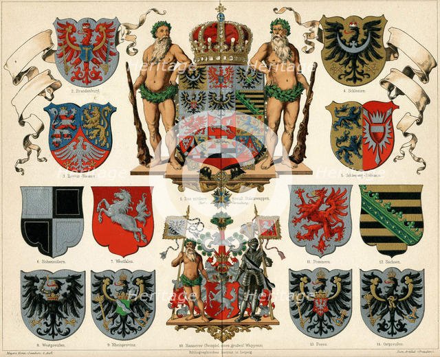 Coat of arms of the Kingdom of Prussia and provinces (Meyers Großes Konversations-Lexikon), 1883. Creator: Anonymous.