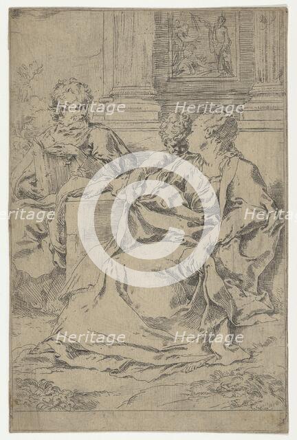 The Holy Family seated together in front of a collonade, Saint Joseph reading and..., ca. 1590-1610. Creator: Guido Reni.