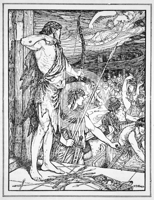 'Ulysses Shoots the First Arrow at the Wooers', 1926.  Artist: Henry Justice Ford