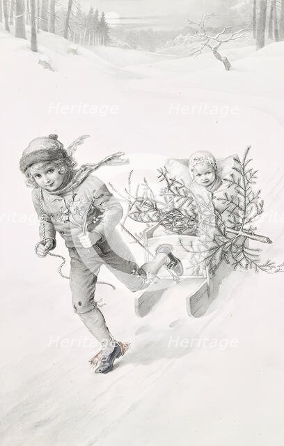 Two children driving through a winter landscape, c1900. Creator: Carl Froschl.