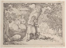 Fiddler, Sailor, Two Women and a Pig by a Cottage, 1816., 1816. Creator: Thomas Rowlandson.