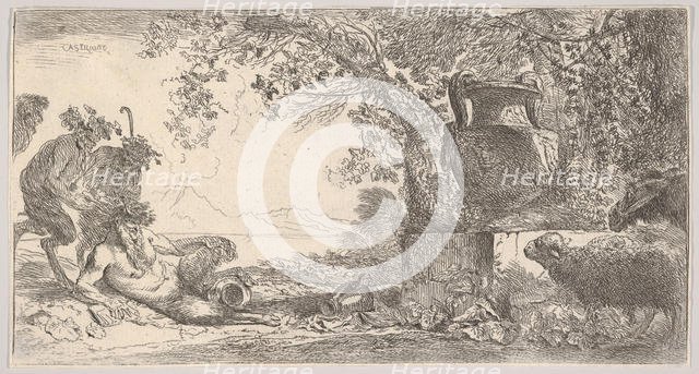 Pan reclining at left with two standing satyrs, a large vase on a pedestal at right, ca. 1645. Creator: Giovanni Benedetto Castiglione.