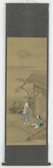 Two peasant girls beating cloth outside a house, Edo period, 18th century. Creator: Shunsho.