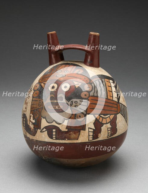 Double Spout Vessel Depicting Costumed Figure with Bird Attributes, Holding a Staff, 180 B.C./A.D. 5 Creator: Unknown.
