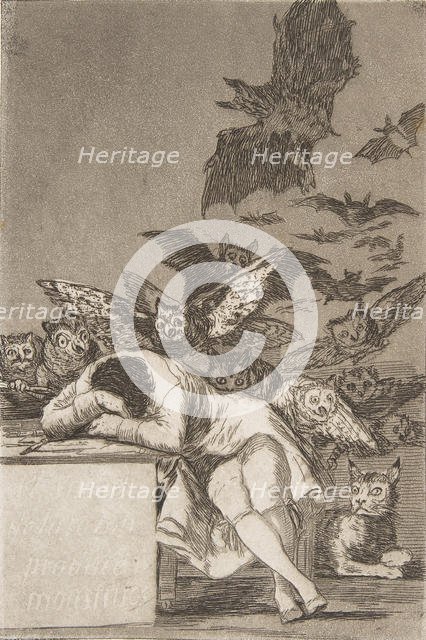 Plate 43 from 'Los Caprichos': The sleep of reason produces monsters (E..., 1799, published 1908-12. Creator: Francisco Goya.