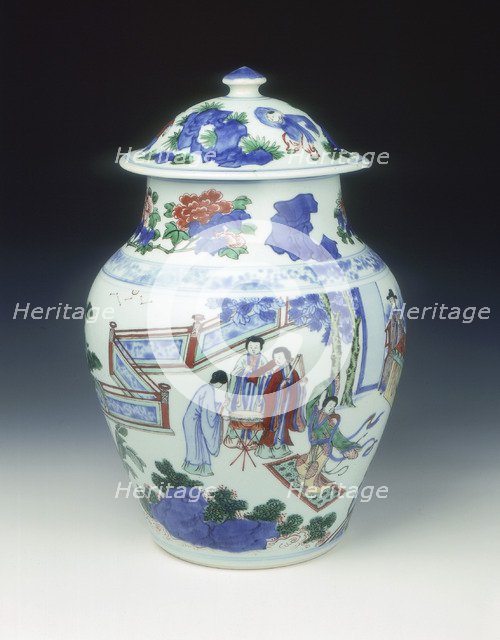 Wucai covered jar with banquet scene, early Kangxi period, Qing dynasty, China, 1662-1677. Artist: Unknown