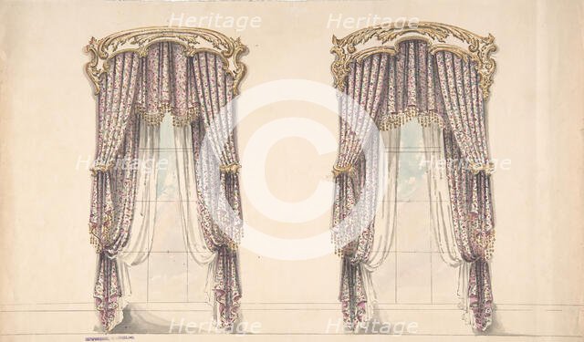 Design for Pink, Mauve and White Floral Curtains with a Gold and White..., early 19th century. Creator: Anon.