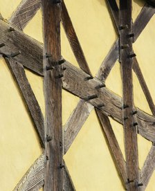 Detail of timber framing on the exterior of the gatehouse of Stokesay Castle, Shropshire, c2000s(?). Artist: Unknown.