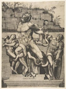 Laocoön and his sons being attacked by serpents, ca. 1515-27. Creator: Marco Dente.