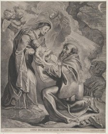The Vision of Saint Francis, kneeling at right, receiving the Christ child from the Virgin..., 1650. Creator: Cornelis de Visscher.