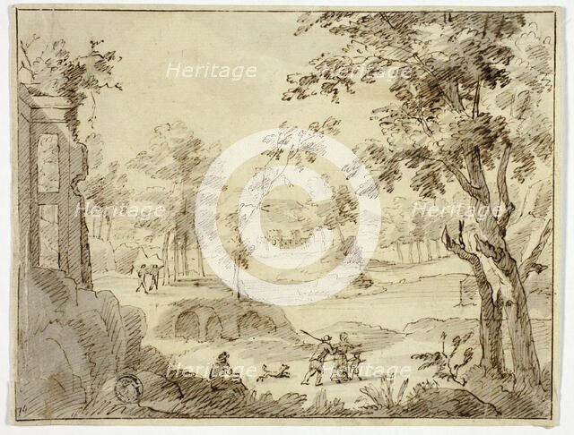 Figures in Landscape with Ruins and Castle, n.d. Creator: Unknown.