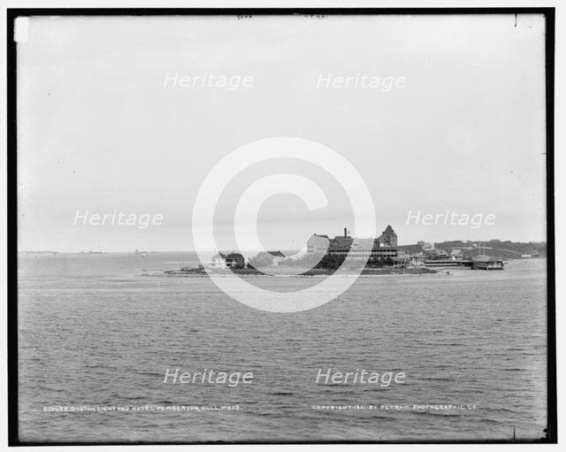 Boston Light and Hotel Pemberton from Paddock's Island, Hull, Mass., c1901. Creator: Unknown.