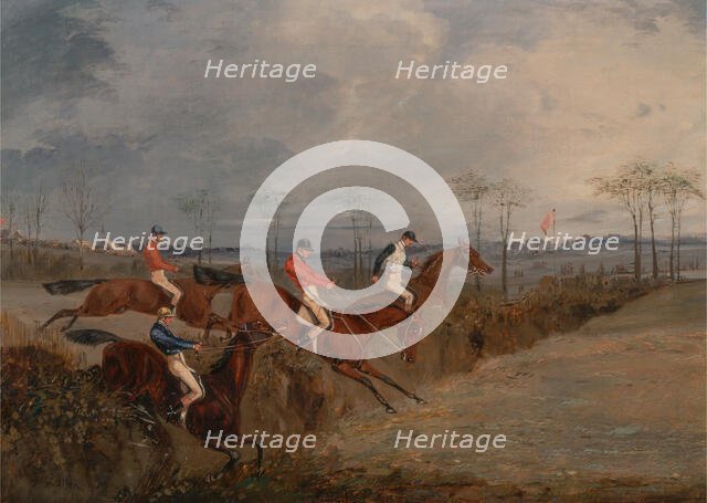 Scenes From a Steeplechase: Another Hedge, ca. 1845. Creator: Henry Thomas Alken.