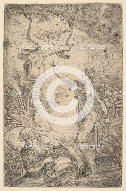 Apollo at right holding a bow chasing Daphne at the left, ca. 1538-40. Creator: Andrea Schiavone.