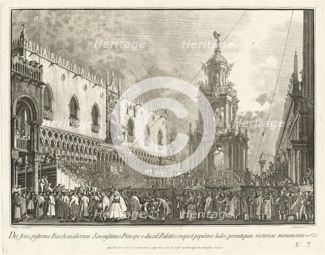 The Doge Attends the Giovedi Grasso Festival in the Piazzetta, 1763/1766. Creator: Giovanni Battista Brostoloni.