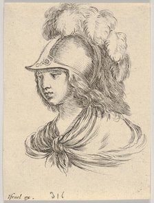 Plate 9: bust of Minerva, wearing a helmet with feathers, looking towards the left, from '..., 1650. Creator: Stefano della Bella.