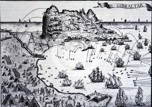 Bombing on Gibraltar during the siege of 1782, engraving.