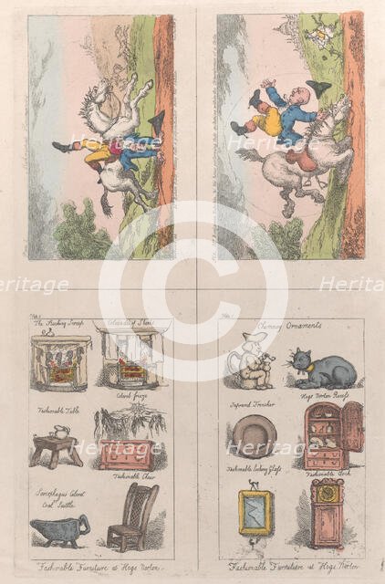 Fashionable Furniture at Hogs Norton; Mathematical Horsemanship, 1809., 1809. Creators: Thomas Rowlandson, George Moutard Woodward.