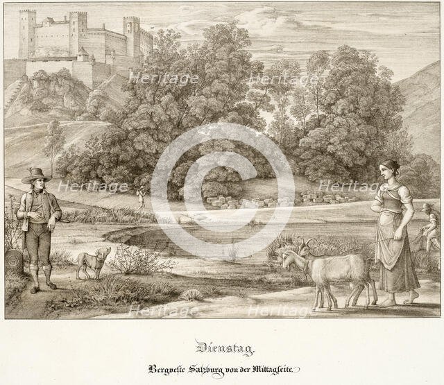 Tuesday: The Castle of Salzburg Seen from the South, 1823. Creator: Ferdinand Olivier.