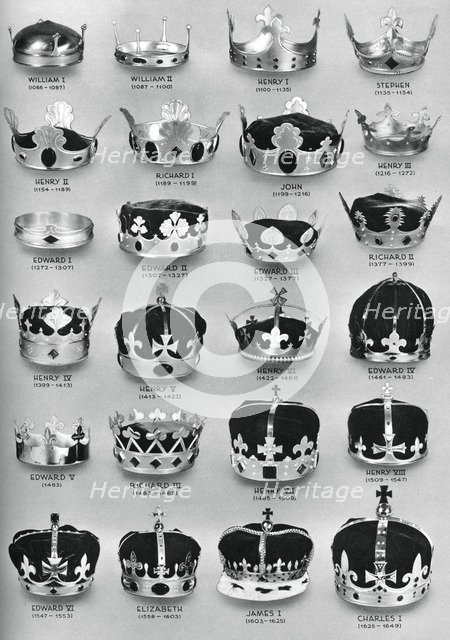 The crowns of English sovereigns from William the Conqueror to Charles I, 1937. Artist: Unknown