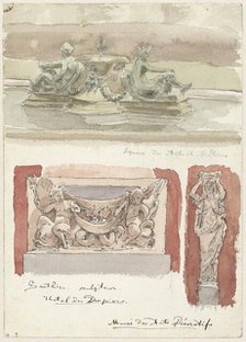 Three sketches of sculptures in the Museum of Decorative Arts in Paris, 1872-1904. Creator: Wilhelm Cornelis Bauer.