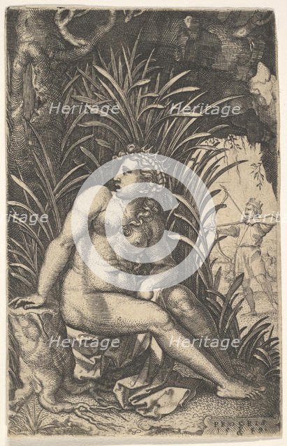 Cephalus and Procris: Procris turns her head over her right shoulder while seated nude in ..., 1539. Creator: Georg Pencz.