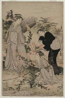 Women Cutting Branches of Bush Clover; The Noji Tama River in Omi Province ..., late 1780s. Creator: Kubo Shunman (1757-1820).