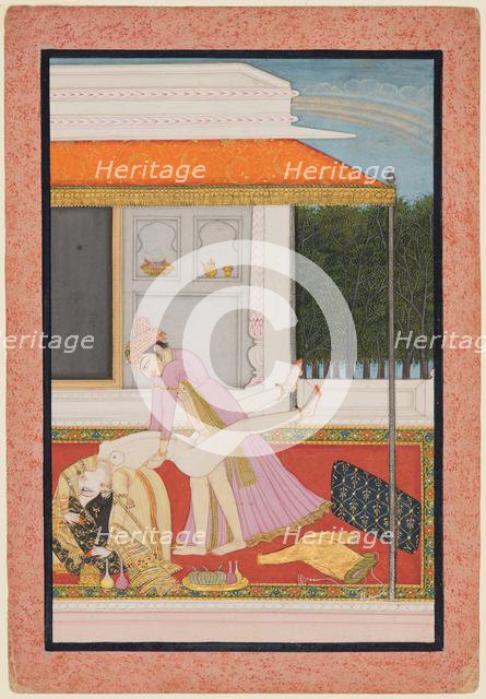An amorous couple, probably Raja Mahendra Pal of Basohli (r. 1806- 1813) with a favorite...c. 1810. Creator: Unknown.