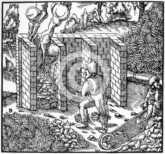 Roasting copper ore in a furnace at C, 1556. Artist: Unknown