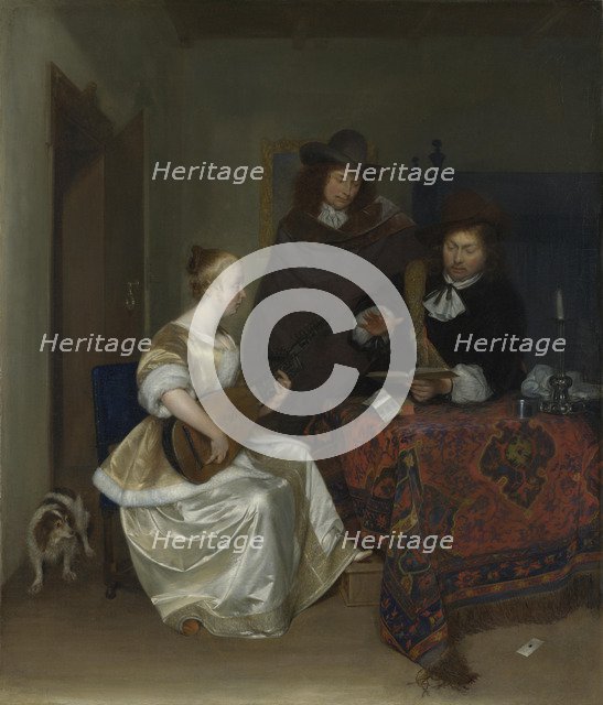 A Woman playing a Theorbo to Two Men, ca 1668. Artist: Ter Borch, Gerard, the Younger (1617-1681)