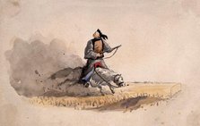 A Chinese soldier bearing a rifle, on horseback, 1857. Creator: Charles Wirgman.