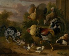 Cat between Cockrels, 1706-1710. Creator: Jakub Bogdan.