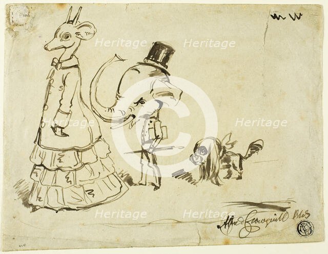 Caricature of Man, Woman and Dog, 1869. Creator: Alfred Crowquill.