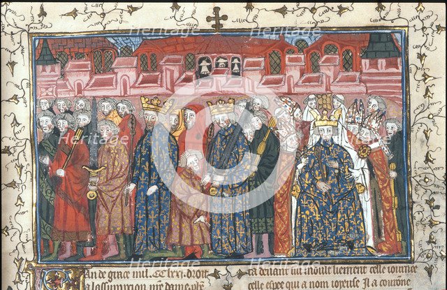 The coronation of Philippe II Auguste in the presence of Henry II of England (From the Chroniques de France ou de St Denis), after 1380. Artist: Anonymous  
