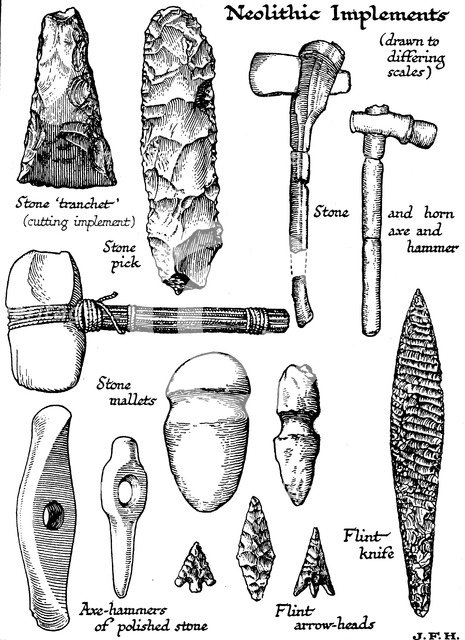 Neolithic implements of stone, flint and horn, c1890. Artist: Unknown