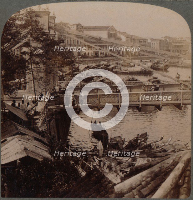 'The centre of traffic - Singapore River and Kavanagh Bridge, from Surveyor's office, Singapore', 19 Artist: Unknown.