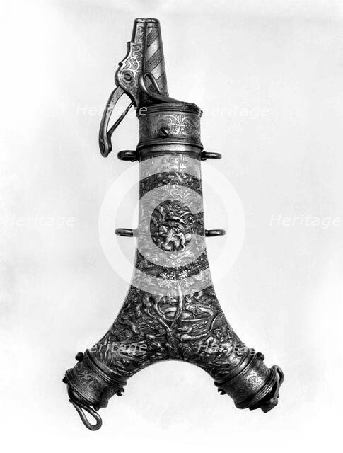 Powder Flask with Spanner, Primer, and Bullet Compartment, German, late 16th century. Creator: Unknown.