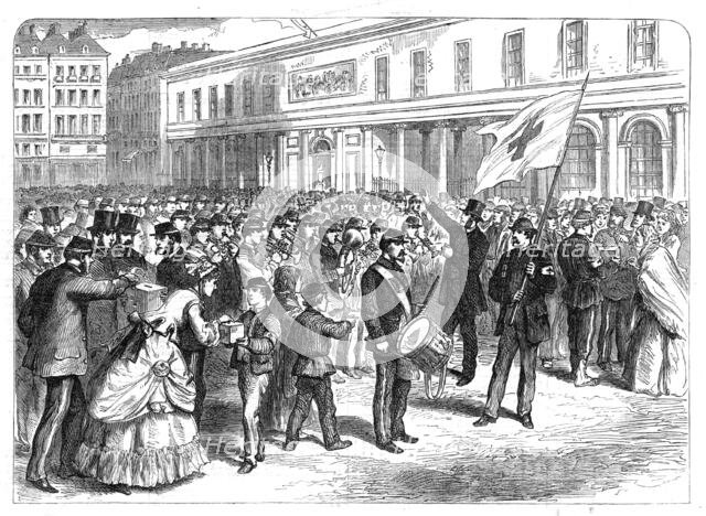 Parisian schoolboys collecting gifts for the relief of the wounded (sketch by balloon post), 1871. Creator: Unknown.