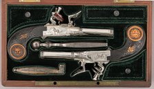 Cased Pair of Double-Barreled Turn-Off Flintlock Pistols, French, Paris, ca. 1800. Creator: John Lepage.